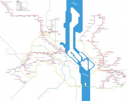 Mapa metra, tramvají, rychlodráhy a električky.