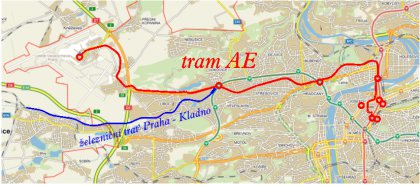 Mapa tramvajového spojení na pražské letiště.