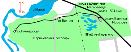 Mapa dráhy v Čeljabinsku ve stavu kolem 60. let.